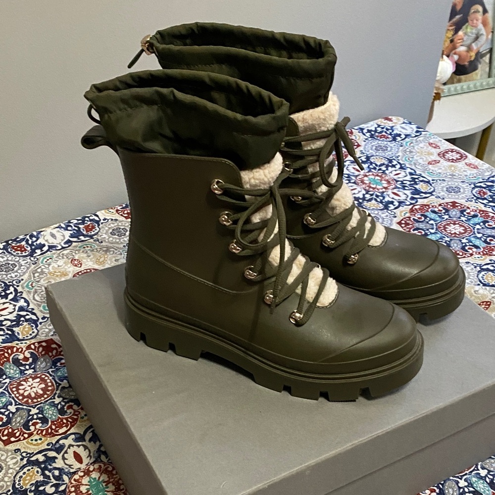Marc Fisher Olive Rain Boots with Cream Accents